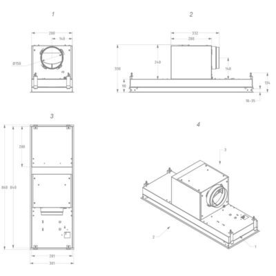 moteur dissociable 860x301mm halogènes mesures en hotte novy 821 blanc