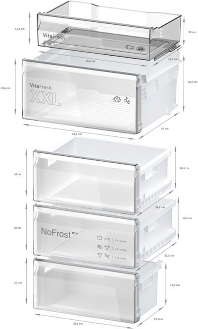 refrigérateur combiné no frost 2 circuits 186 x 60 cm avec compartiment xxl bosch kgn367ict