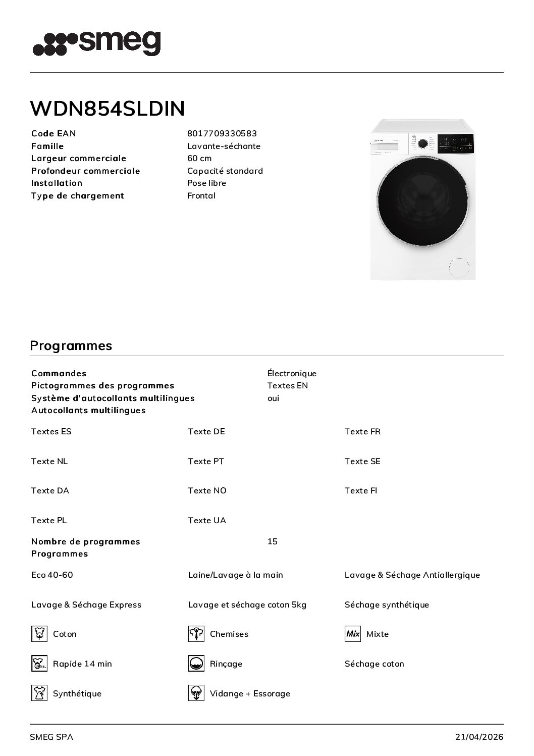 SMEG WDN854SLDIN Lavante-séchante 8/5 kg 1400 tr/min Inverter – Image 3