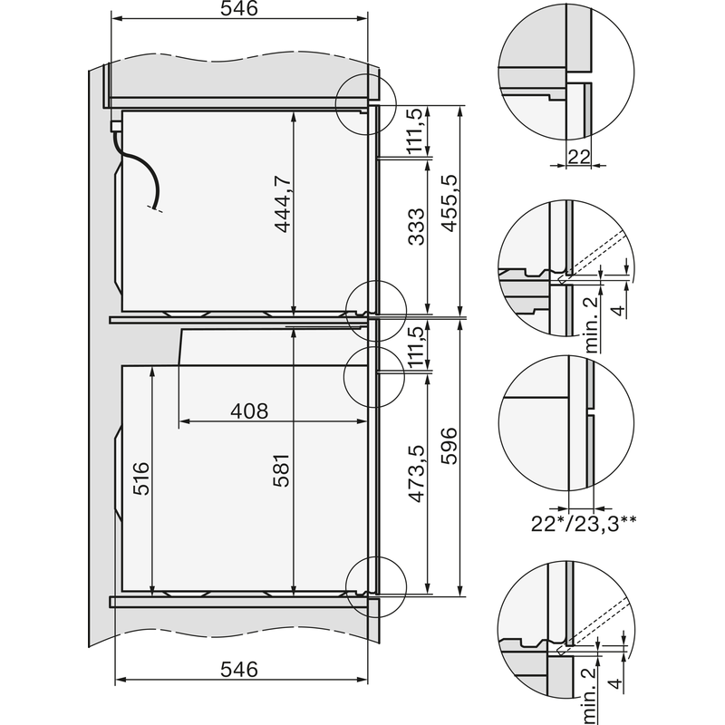 Schéma technique d’un four encastrable avec mesures