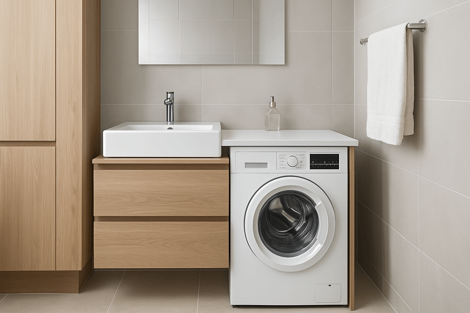 Lave-linge intégré sous un meuble de salle de bain moderne