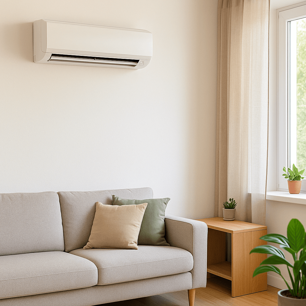 Climatiseur mural réversible dans un salon cosy avec canapé et plantes