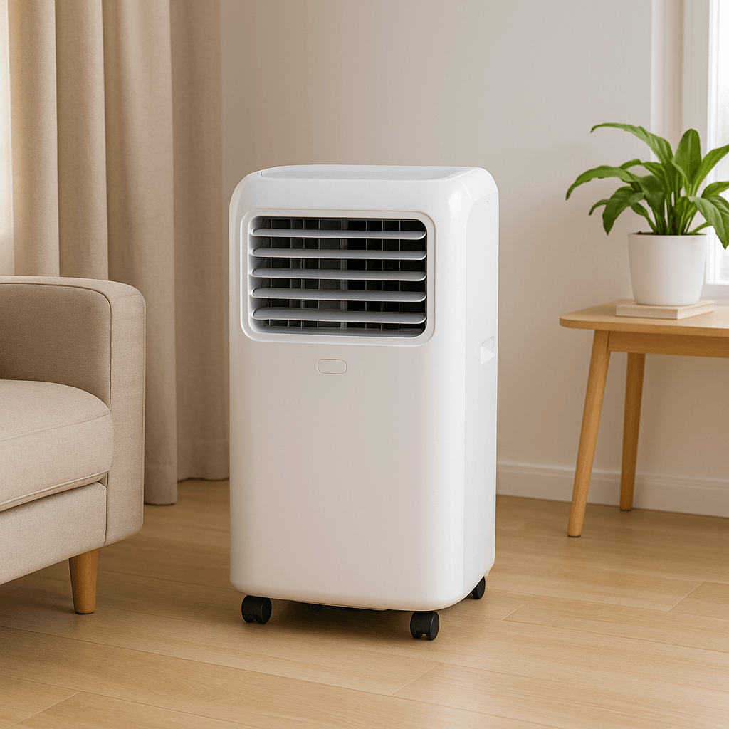 "Climatiseur mobile sur roulettes installé dans un salon lumineux"