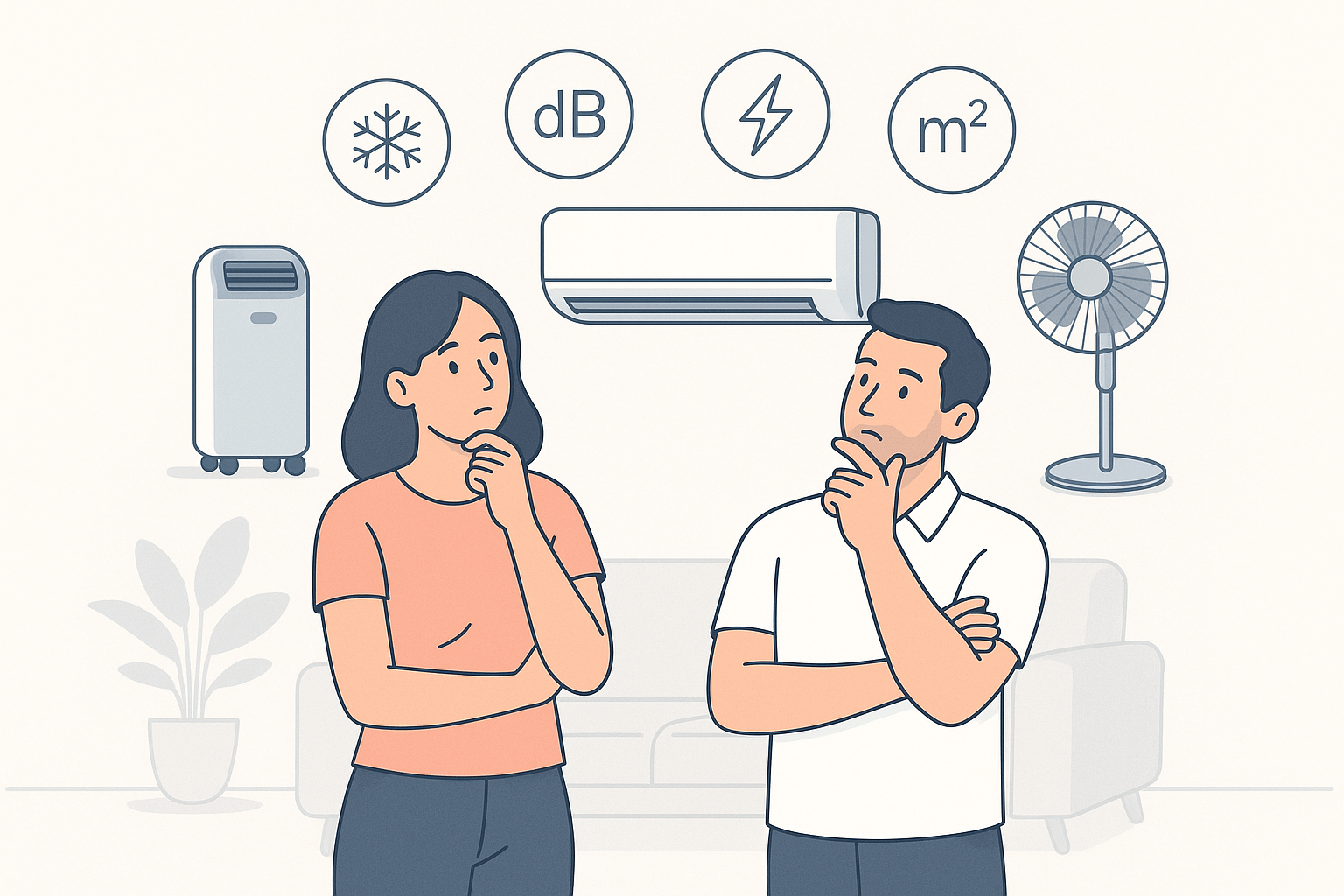 Illustration d’un client ou couple qui réfléchit à son choix (ventilateur ou climatiseur)