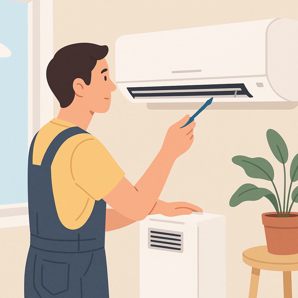 technicien qui installe un climatiseur mural OU une personne qui nettoie le filtre d’un appareil dans un intérieur lumineux.