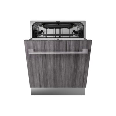 Lave-vaisselle encastrable porte bois gris ouvert