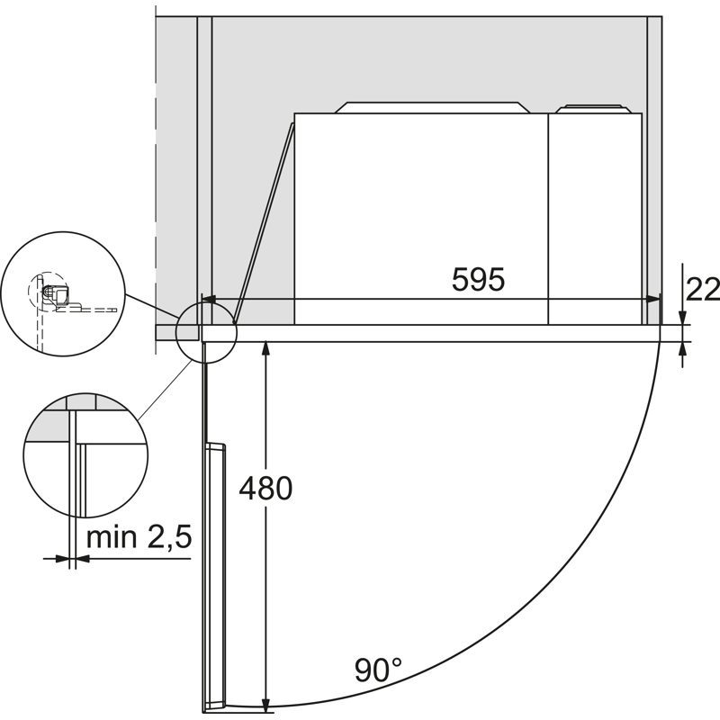 Schéma technique meuble d’angle 90° avec dimensions