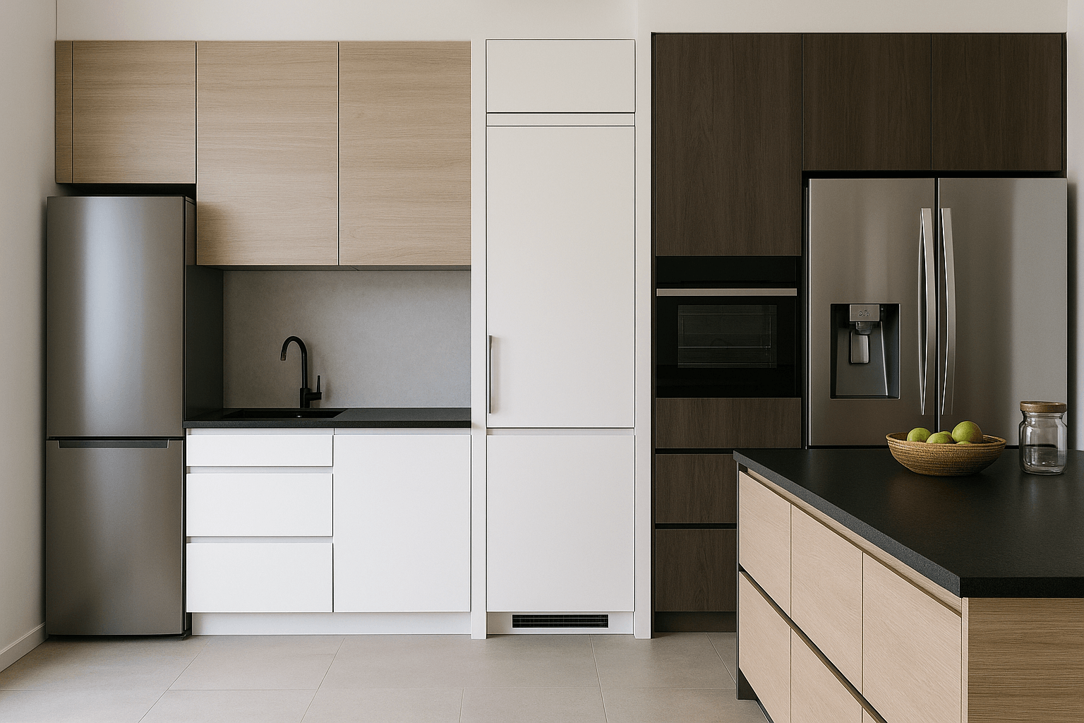 Cuisine moderne avec différents types de réfrigérateurs
