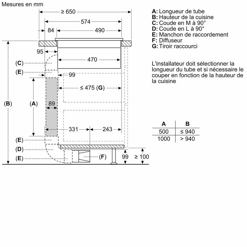 Schéma d’installation d’un conduit de cuisine avec mesures.