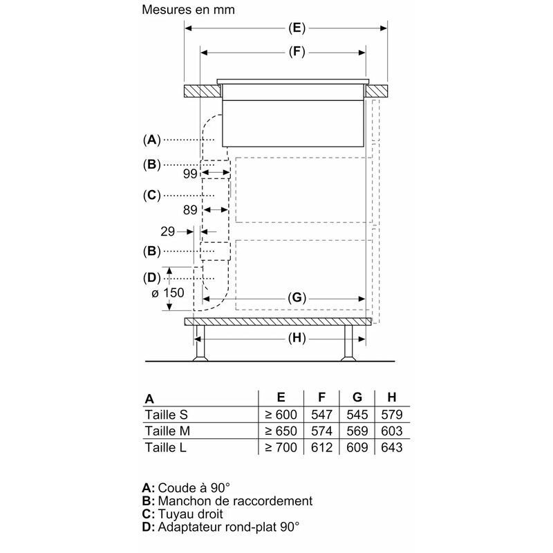Schéma technique avec dimensions et légende détaillée.