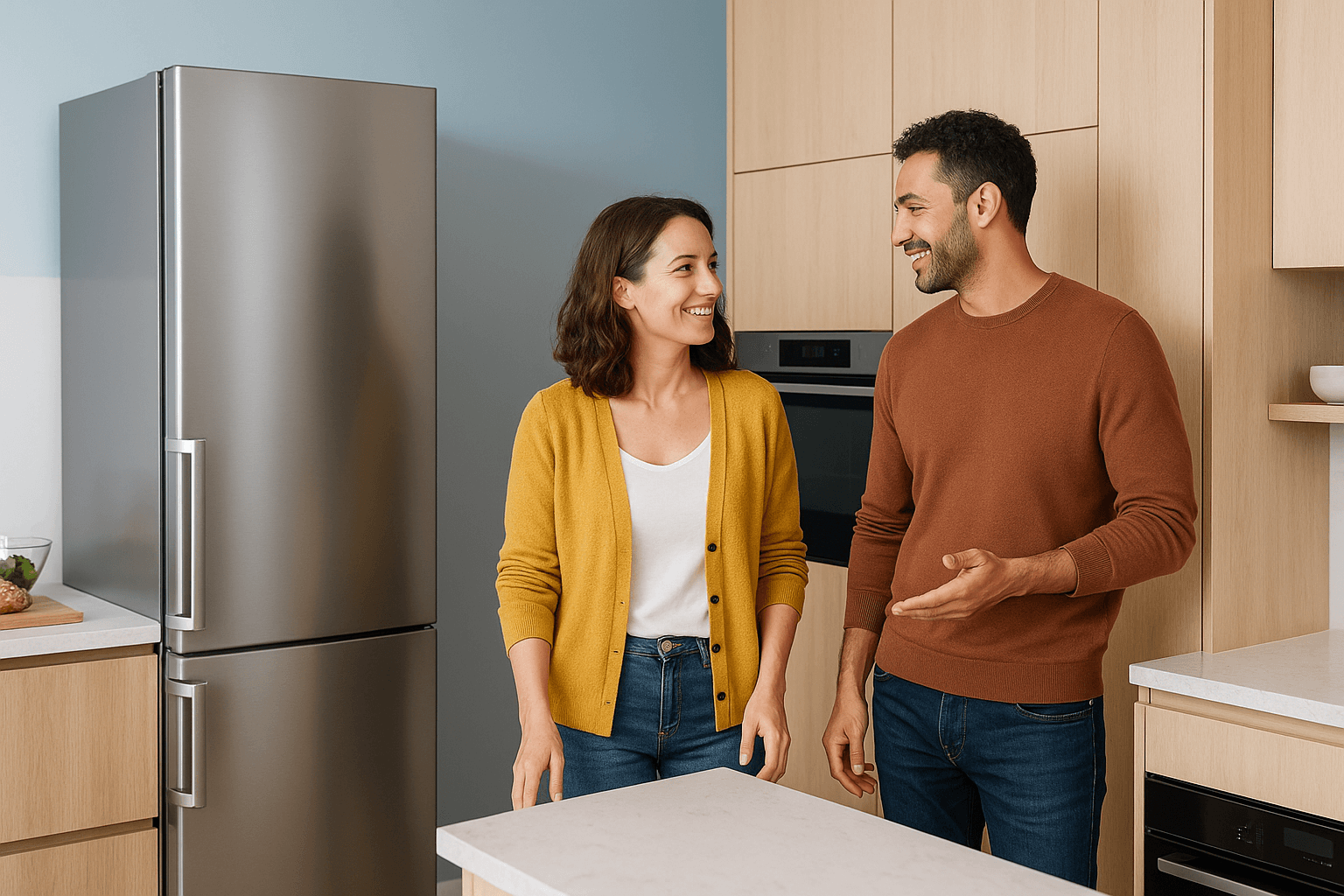 Comparatif réfrigérateur pose libre et encastrable dans une cuisine moderne avec un couple