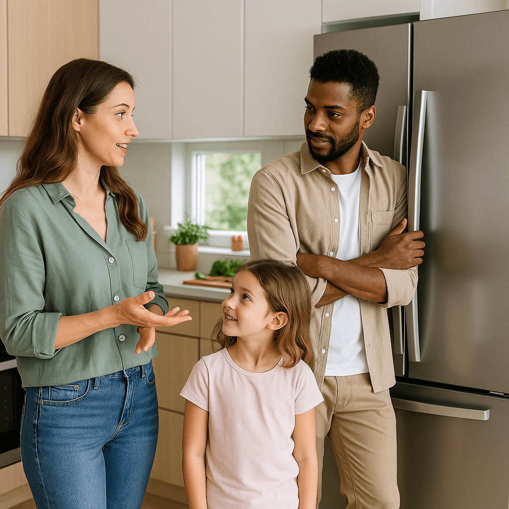 Famille choisissant un réfrigérateur en magasin ou dans une cuisine