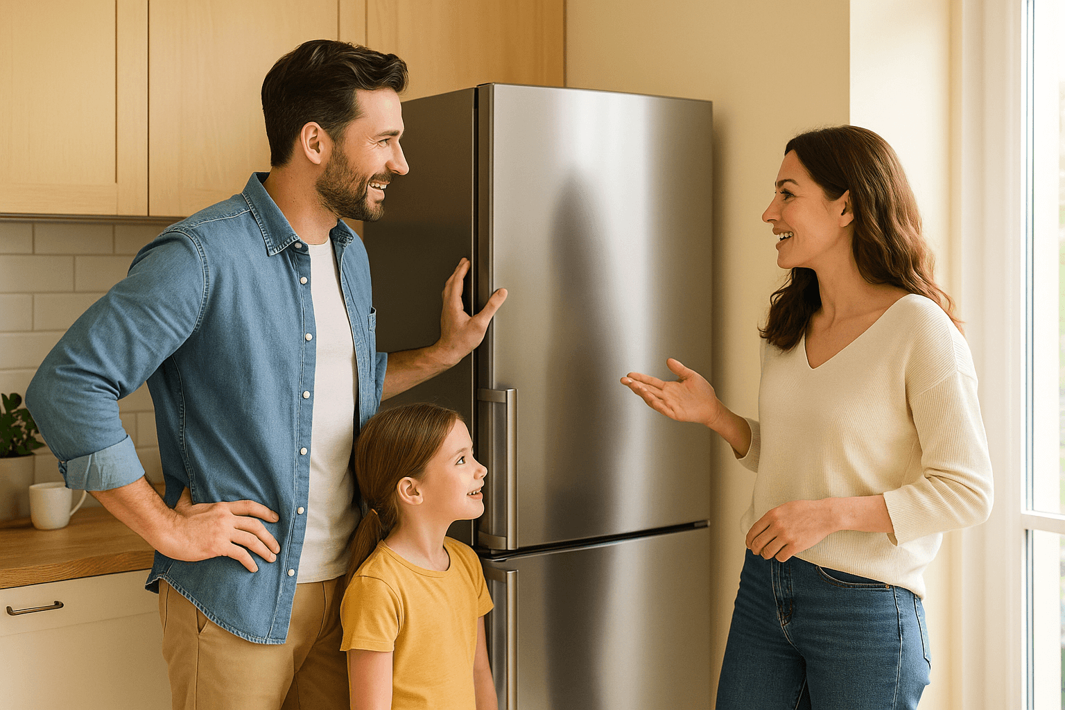 Famille discutant devant un réfrigérateur dans une cuisine moderne