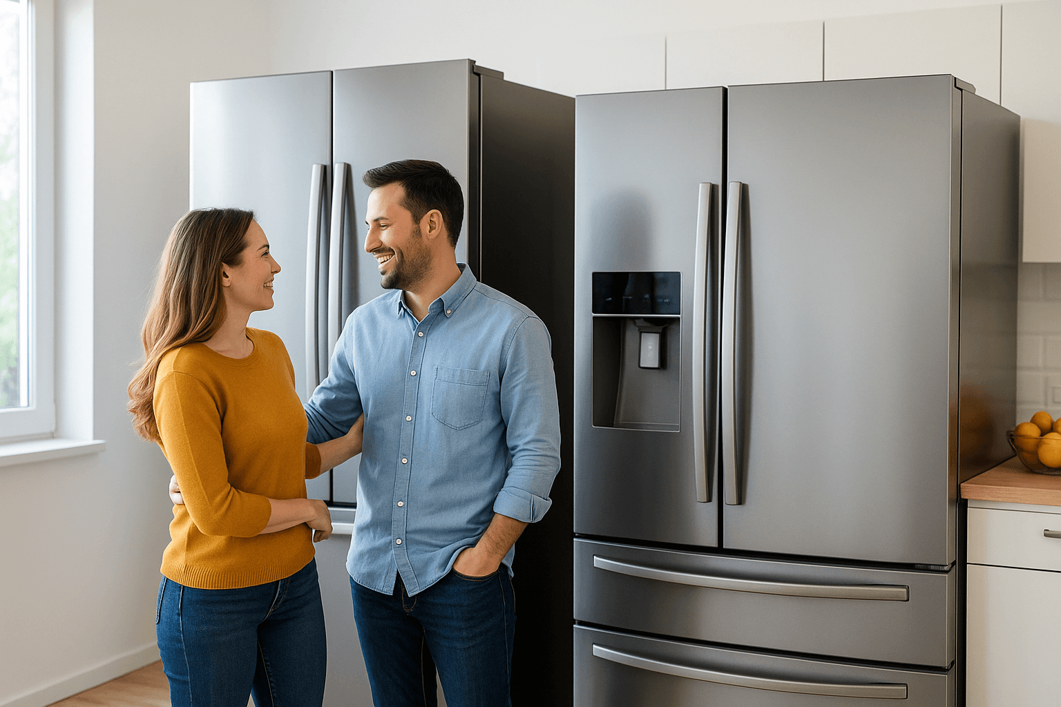 Cuisine moderne avec un grand réfrigérateur américain et un modèle multiportes en arrière-plan