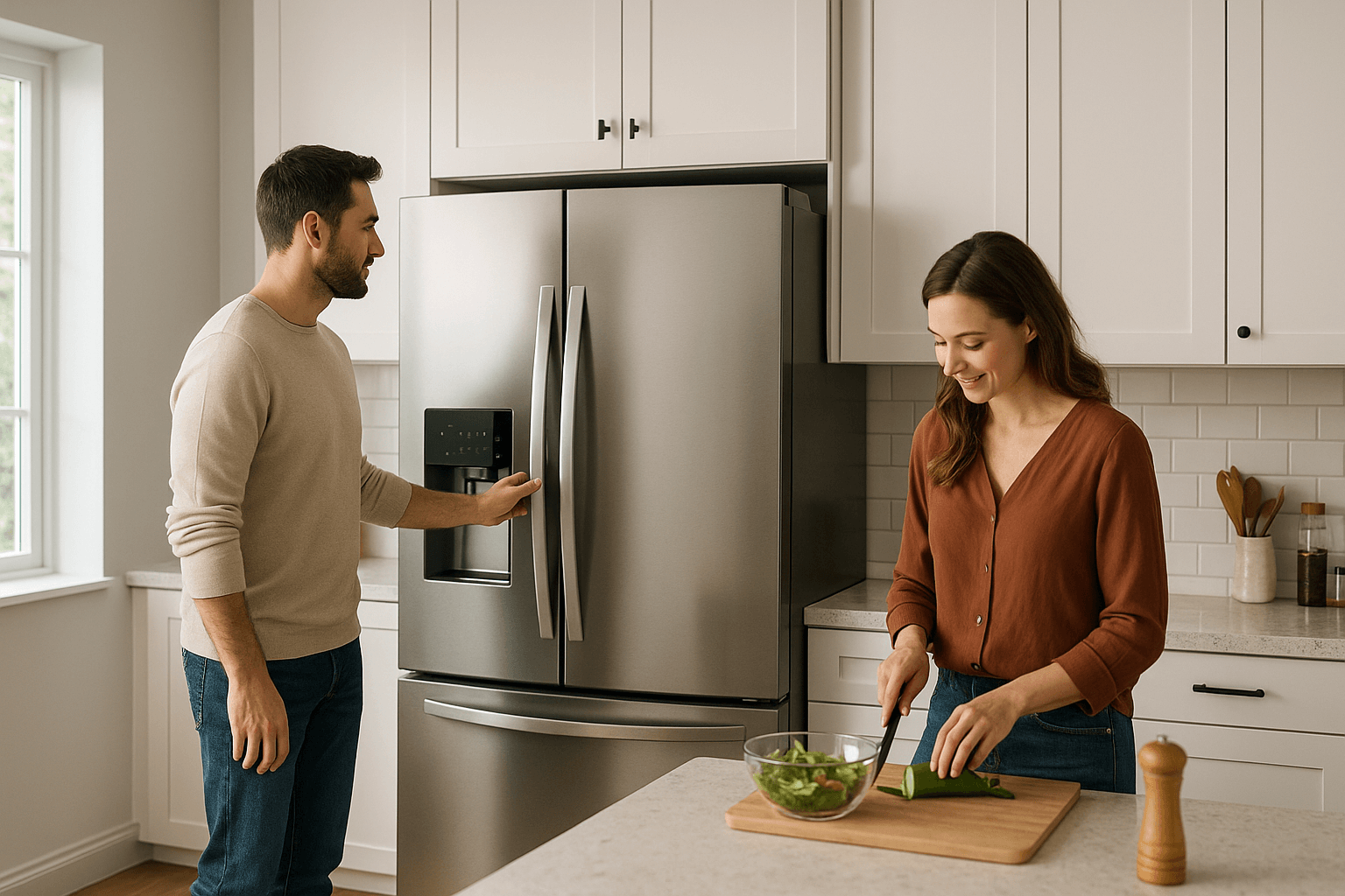 Réfrigérateur américain double porte inox dans une cuisine moderne