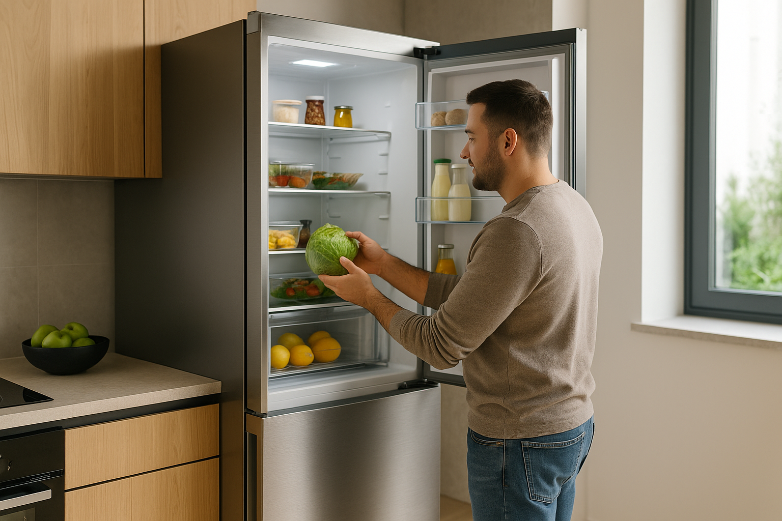 Réfrigérateur froid ventilé moderne inox dans une cuisine design