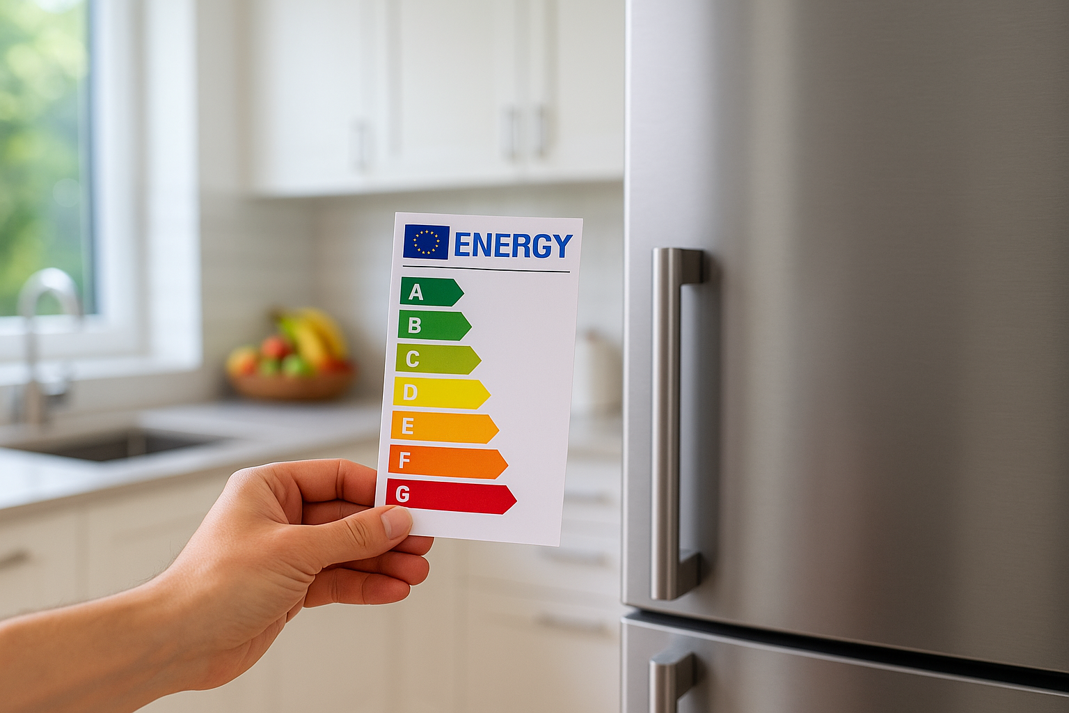 Étiquette énergétique réfrigérateur dans une cuisine moderne