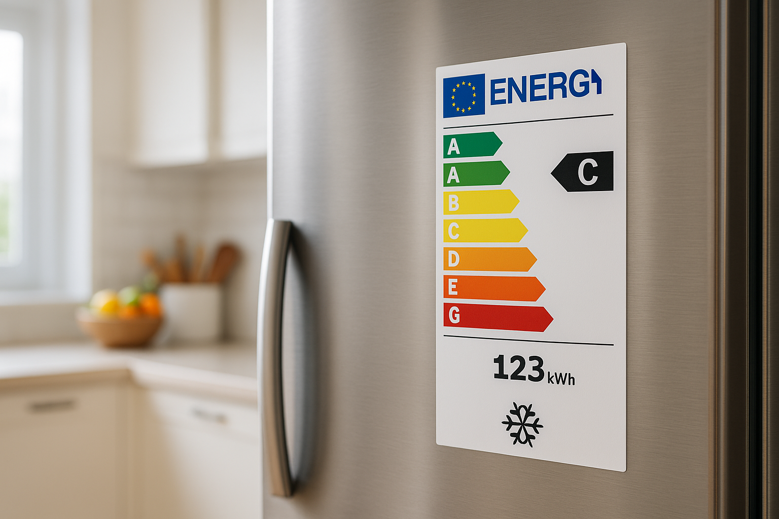 Étiquette énergie européenne A à G affichée sur un réfrigérateur