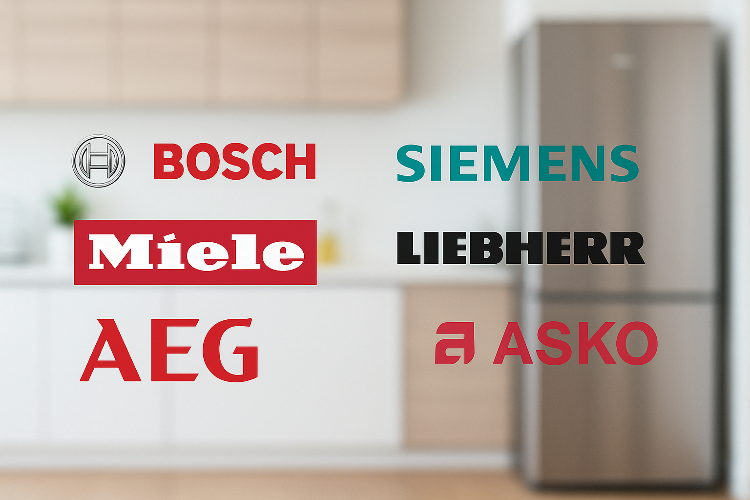 Logos de grandes marques de réfrigérateurs fiables : Bosch, Siemens, Miele, Liebherr, AEG, Asko