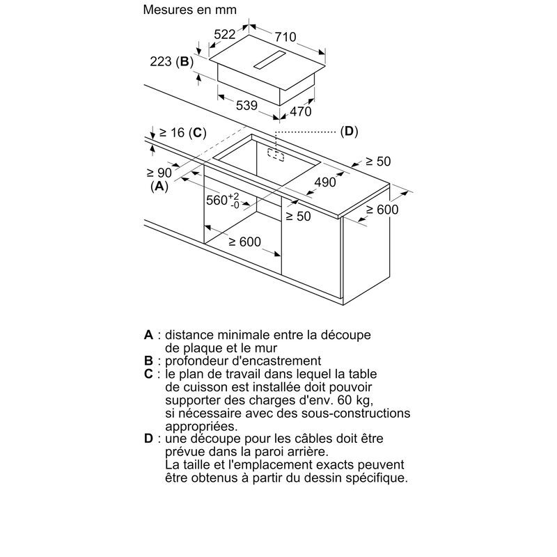 Schéma d’encastrement pour plaque de cuisson.