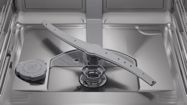 Bras d'aspersion et filtre d'un lave-vaisselle inox.