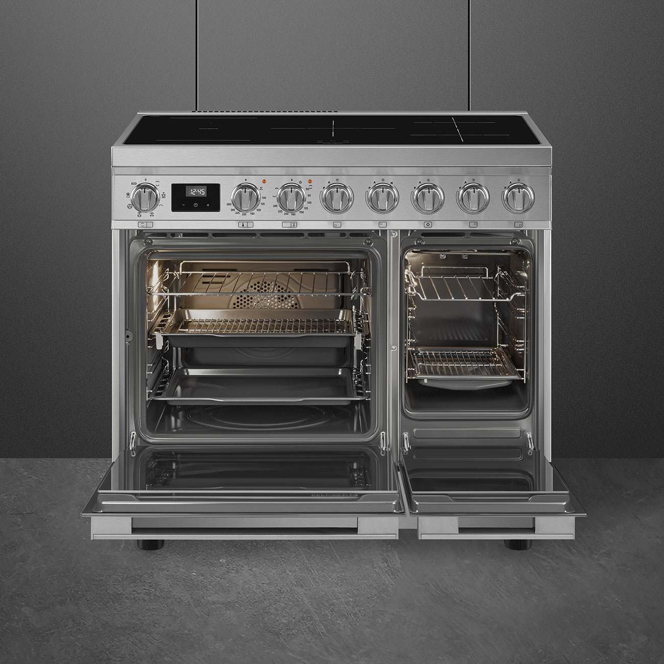 Cuisinière moderne double four en inox ouverte