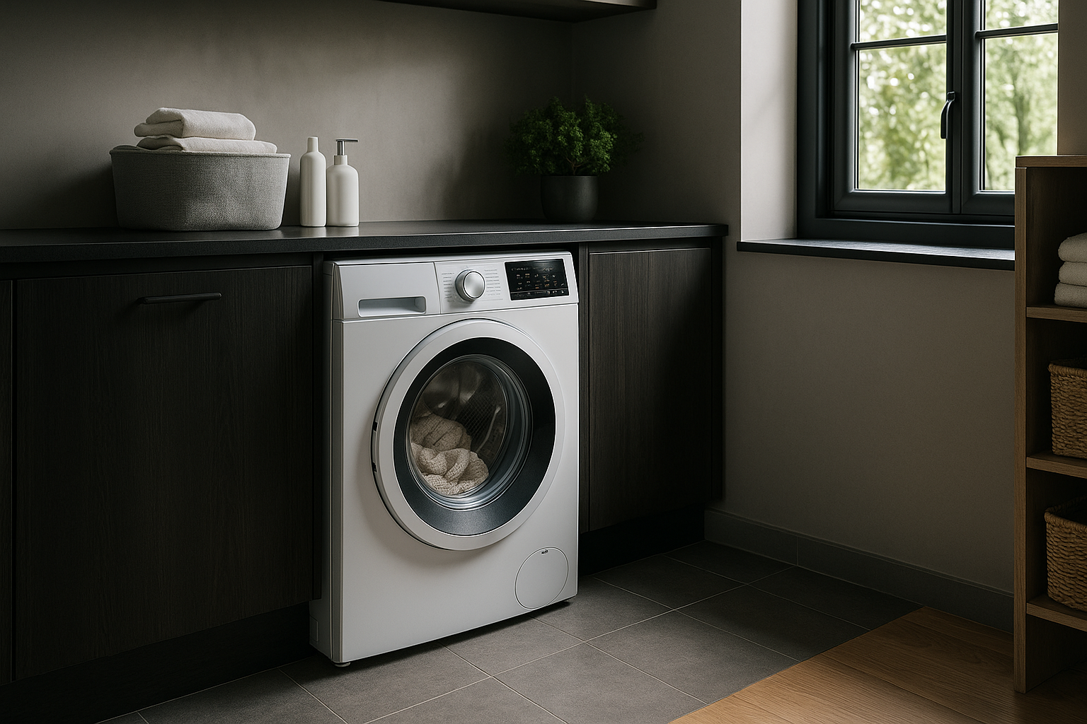 Machine à laver moderne dans buanderie élégante