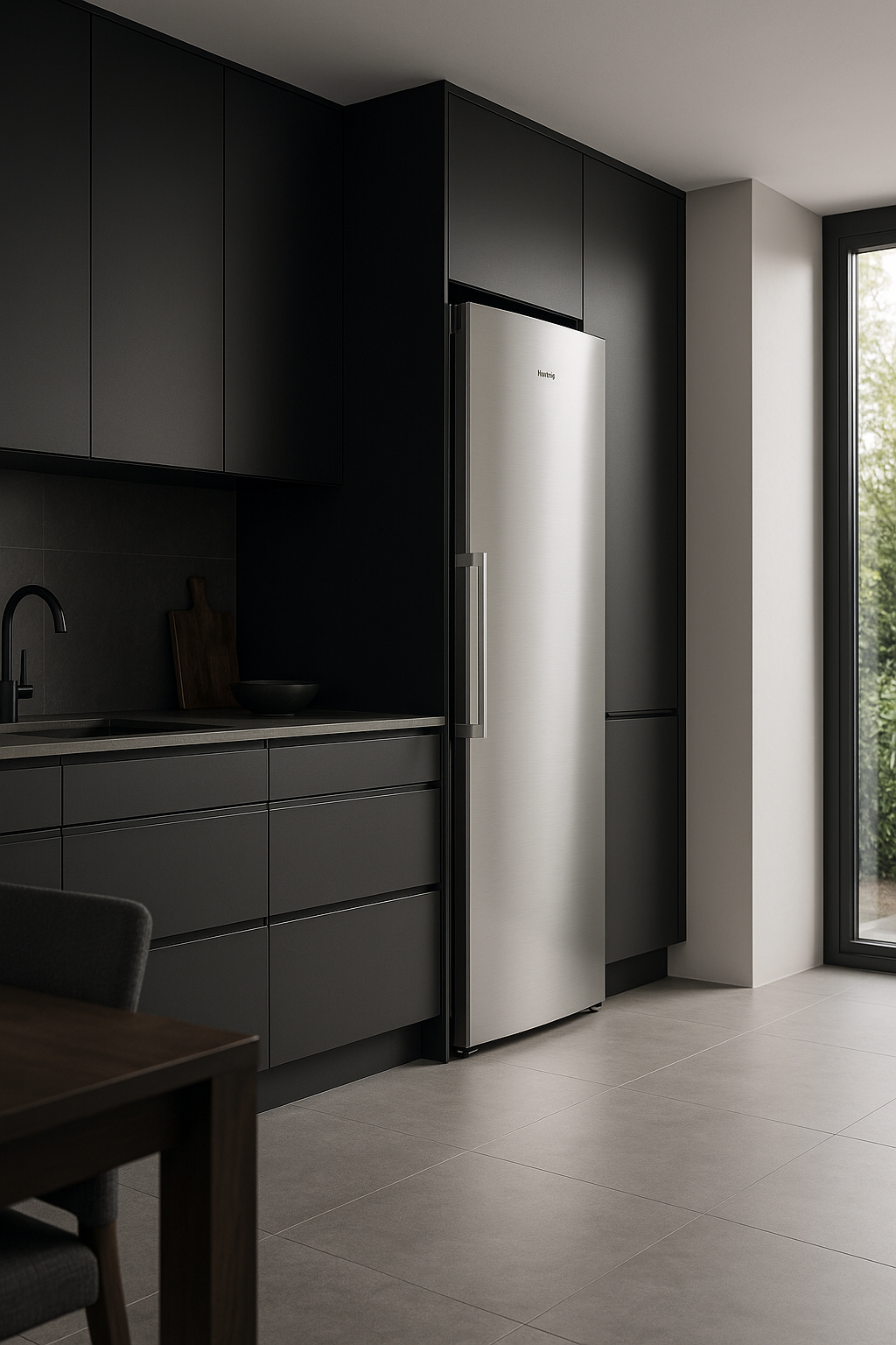 Cuisine moderne avec réfrigérateur inox intégré