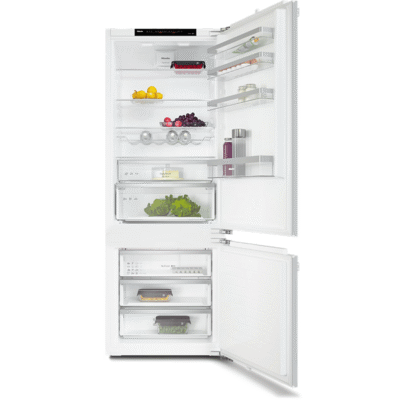 Réfrigérateur blanc ouvert rempli d’aliments frais