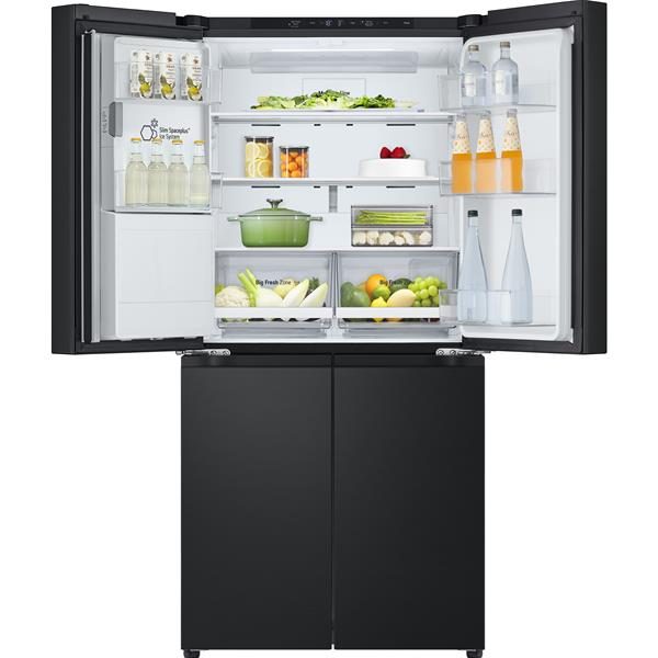 Réfrigérateur noir ouvert rempli d’aliments et boissons