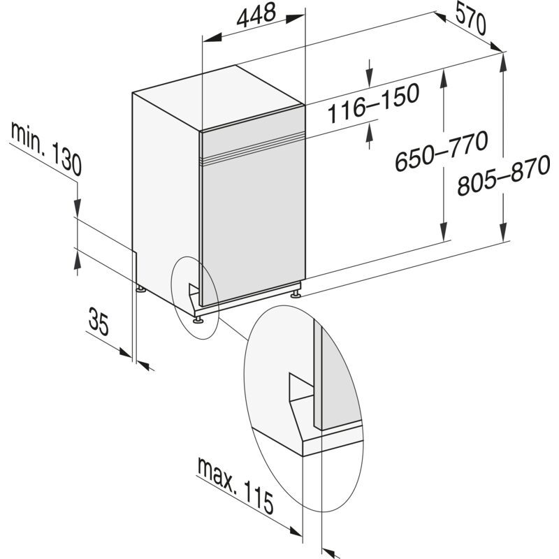 Schéma dimensionnel d’un réfrigérateur encastrable