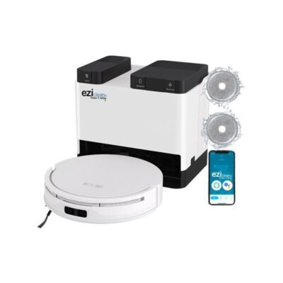 Aspirateur robot blanc avec station et application mobile