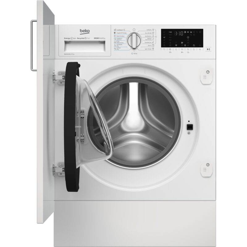 Lave-linge blanc porte ouverte avant