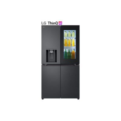 Réfrigérateur noir moderne avec porte vitrée et distributeur