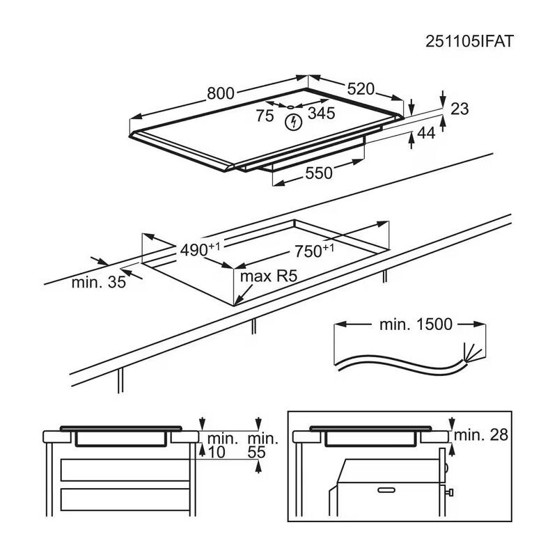 Schéma technique d'une plaque de cuisson encastrable