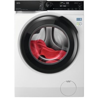 Lave-linge frontal blanc avec linge rouge