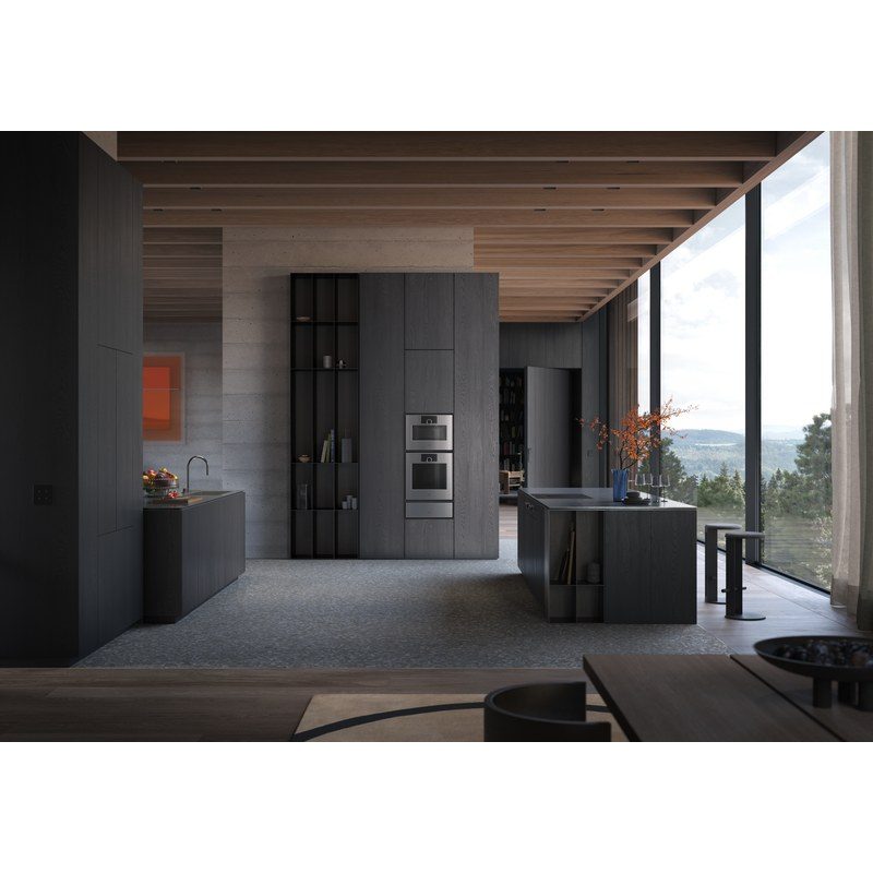 Cuisine moderne avec grandes fenêtres et mobilier sombre