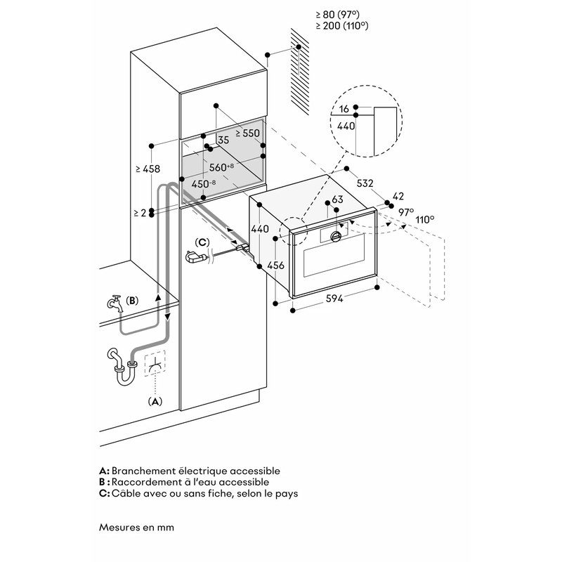 Schéma d’installation d’un four encastrable avec mesures