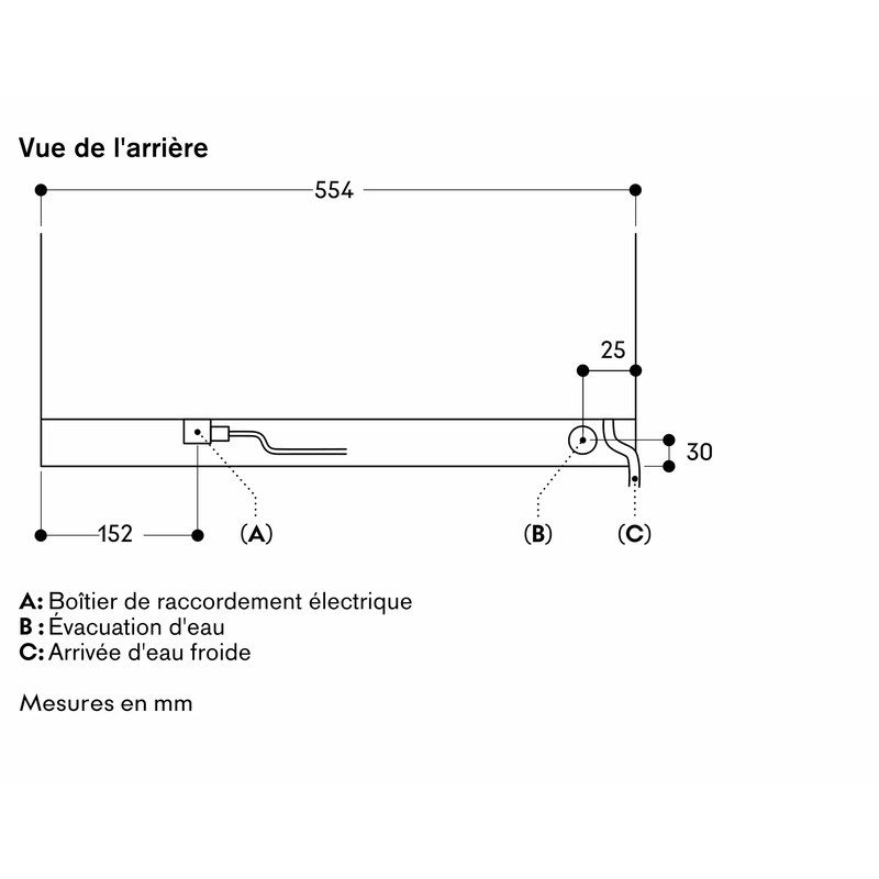 Schéma arrière avec mesures et connexions d’eau.