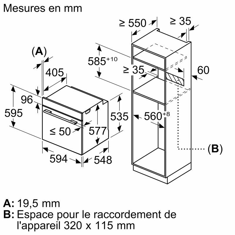 Schéma d’installation four encastrable avec mesures en millimètres