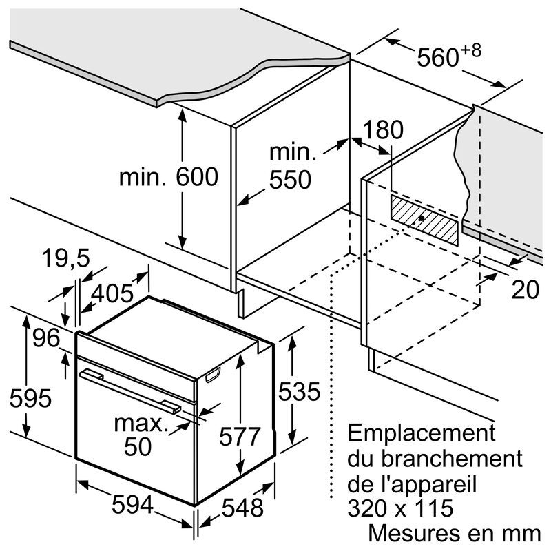 Schéma d'installation encastrée d'un four avec mesures.