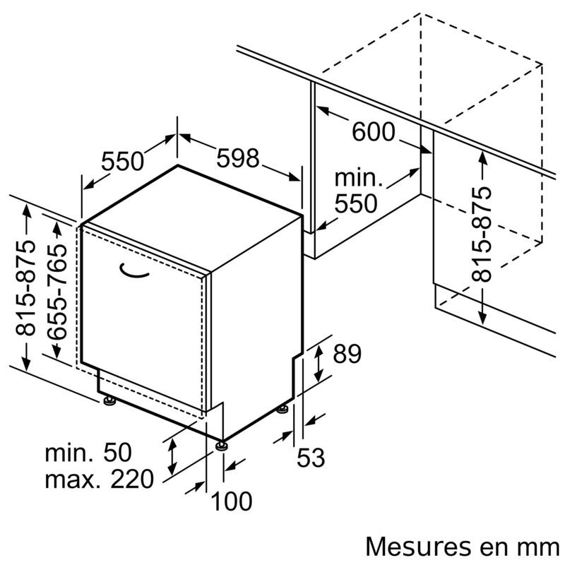 Schéma d’installation d’un lave-vaisselle encastrable avec dimensions