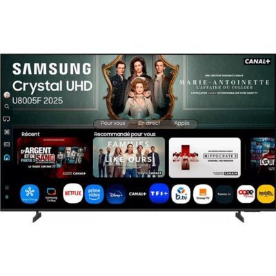 Téléviseur Samsung Crystal UHD affichant interface Smart TV
