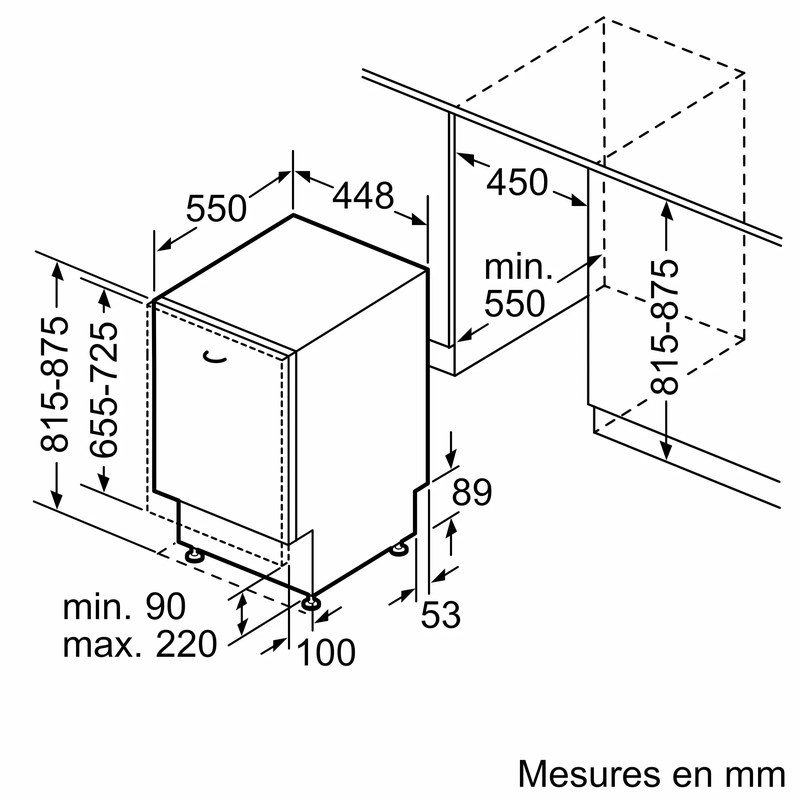 Schéma dimensions lave-vaisselle encastrable en millimètres