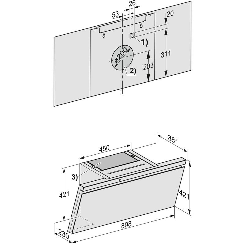 Schéma avec dimensions d’une hotte de cuisine