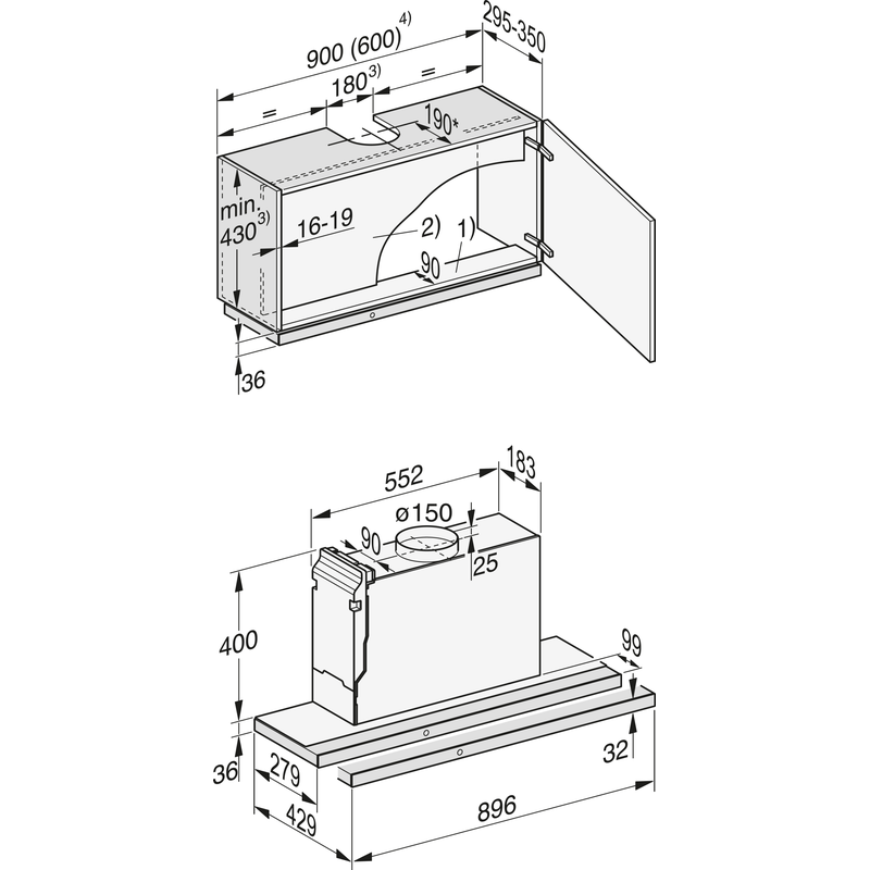 Schéma technique hotte de cuisine avec mesures détaillées