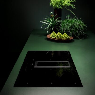 Plaque de cuisson noire sur plan vert moderne