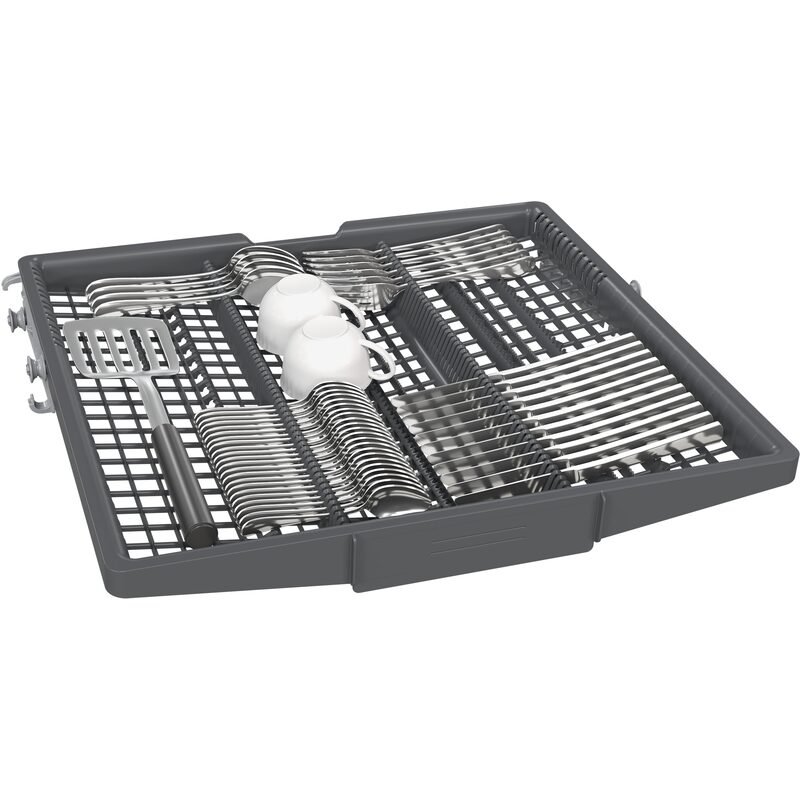 Tiroir lave-vaisselle avec couverts et tasses rangés