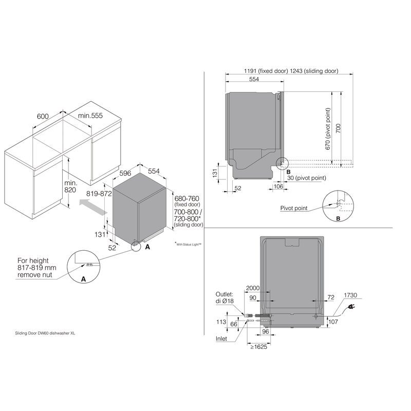 Schéma d’installation lave-vaisselle encastrable avec dimensions