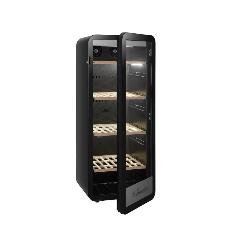 Cave à vin noire avec porte vitrée ouverte